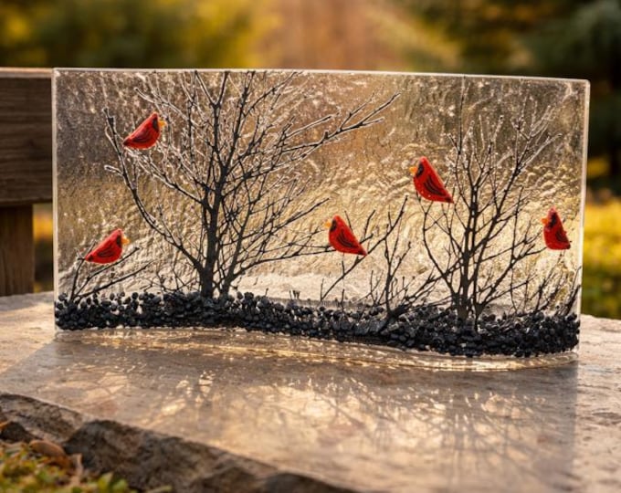Fused Glass Cardinal Art:  Red Birds and Branches Curved Glass, 9" x 4"