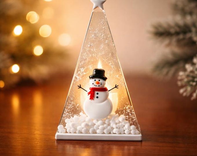 Fused Glass Winter Tree Candle Holder with Snowman:  Tealight holder