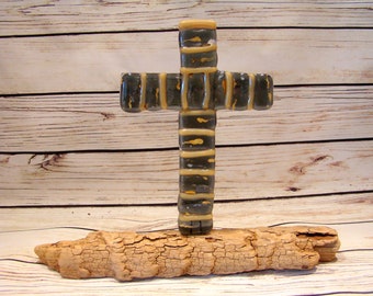 Fused Glass Cross on Driftwood Base, Christian Cross, Glass Cross Sculpture