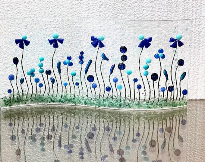 Fused Glass Blue Flower Curved Shelf Art, Home Decor, Window Sill Art, Bringing the Outdoors In, Flower Glass Art