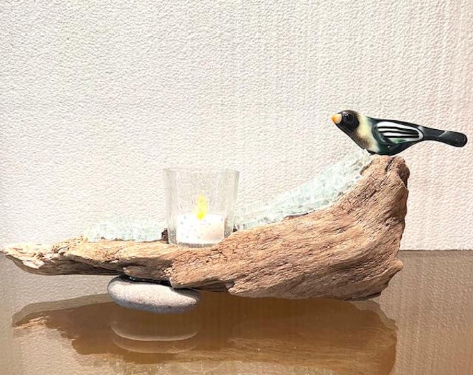 Fused Glass Bird Sculpture on Driftwood Base: Candle Holder