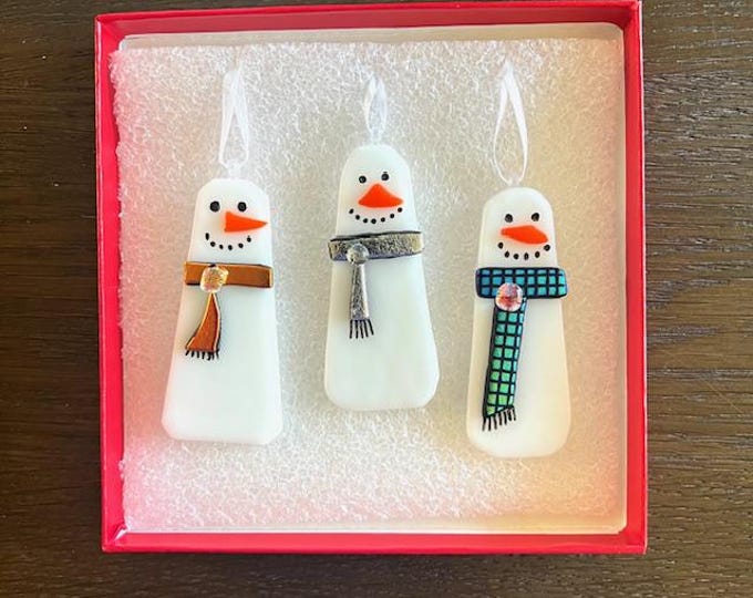 Fused Glass Snowmen Set: Holiday Tree Ornaments, Christmas Favors