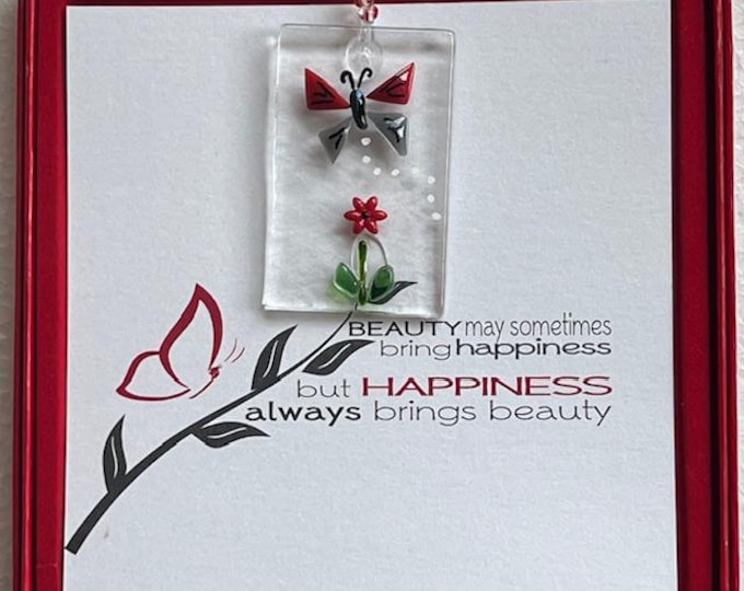 Fused Glass Dainty Sun Catcher, All-in-one gift, Beautiful Butterfly, Happiness, Red Box Gift