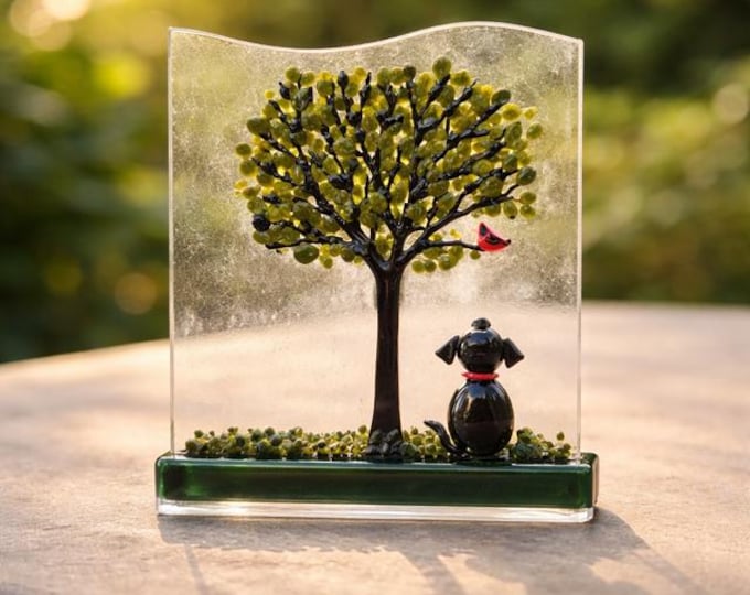 Fused Glass Dog and Bird Tree: Sun Catcher Window Art