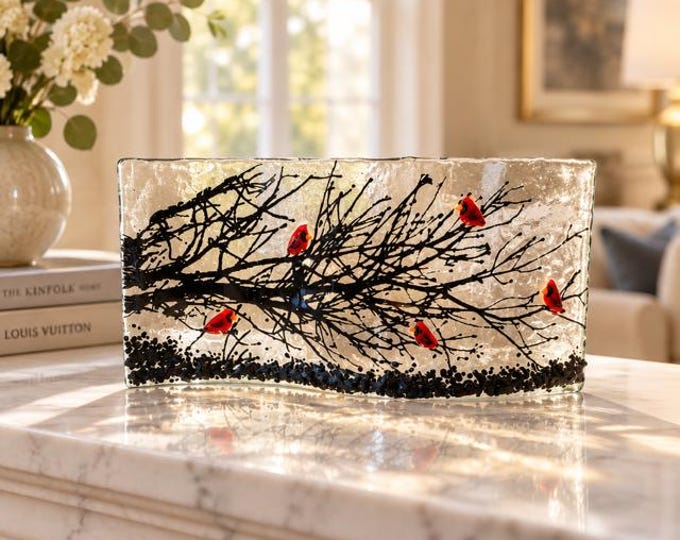 Fused Glass Cardinal Art:  Red Birds and Branches Curved Glass, 9" x 4"