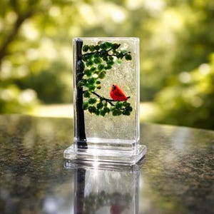 Red Cardinal Fused Glass Shelf Art, Memorial Gift