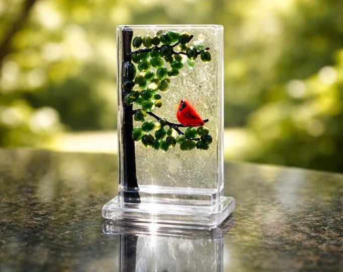 Red Cardinal Fused Glass Shelf Art, Memorial Gift