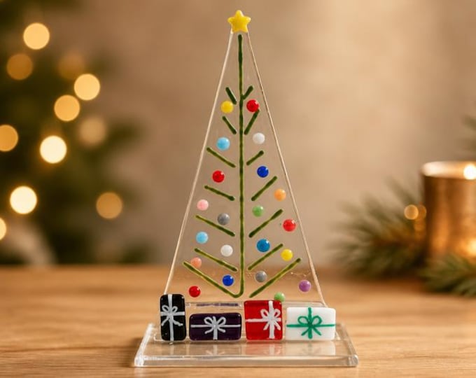 Fused Glass Christmas Tree with presents and built in stand