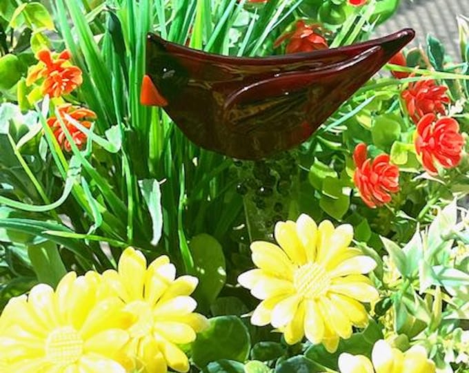 Fused Glass Cardinal Plant Stake, Glass Bird on Glass Stake, Planter Bird, Whimsical Planter Red Bird