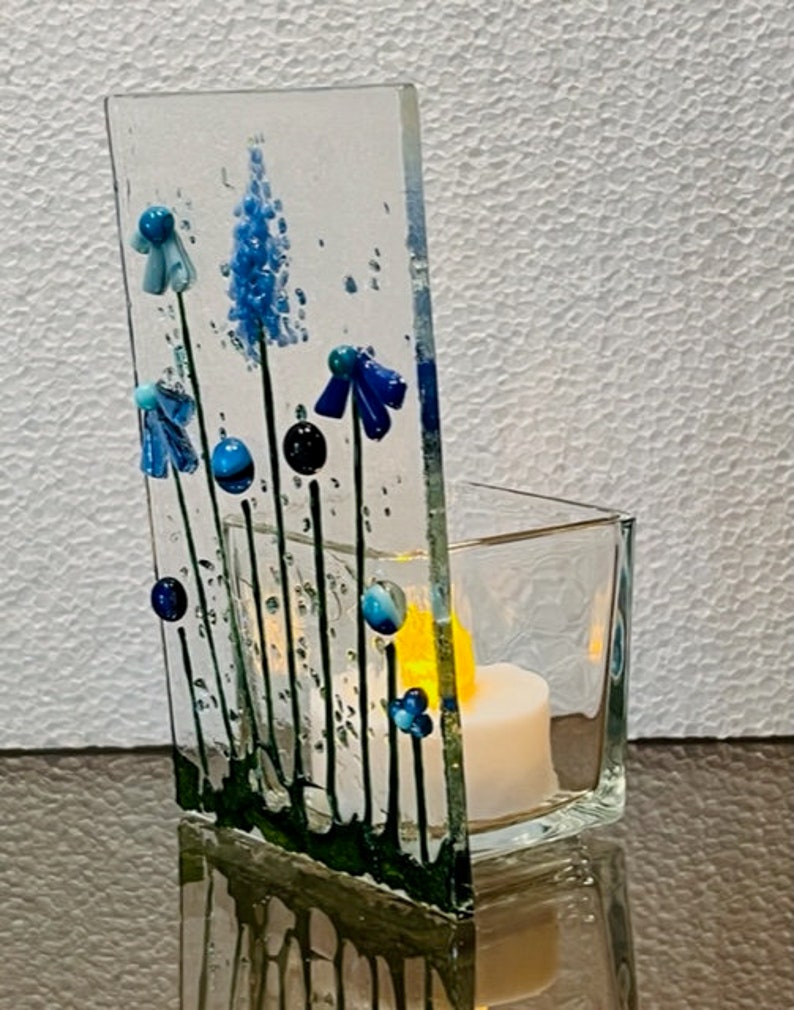 Fused Glass Blue Flower Candle Holder, Flower Votive Holder, Flowering Garden Tealight Holder, Bringing the Outside In image 3
