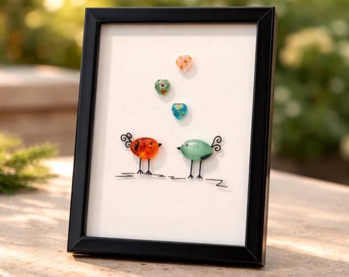 Framed fused glass Lovebirds and Hearts, Gift of Love, Valentine's Gift, Whimsical Birds, Table and Shelf Art