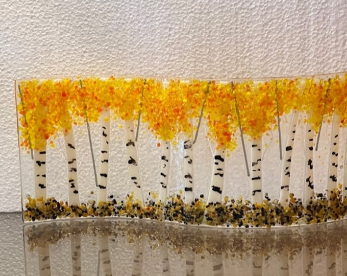 Fused Glass Curved Golden Aspen Trees in Autumn, Birch Forest in Fall, Glass Shelf Art, Fused Glass Art Sculpture, Bringing the Outdoors In