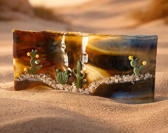 Desert Landscape Fused Glass Art: Curved Shelf Decor, 10" x 4"