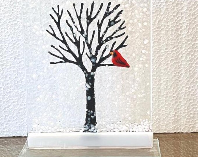 Winter Tree Fused Glass Art with Cardinal, Winter Decor, Sun Catcher Window Light Catcher, Shelf Art, Holiday Decor. Windowsill Art