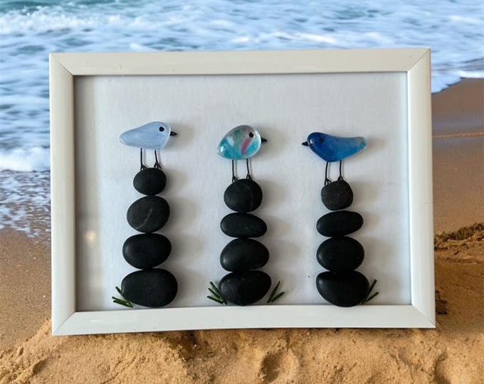 Framed Fused Glass Seabird Art, Beach Stone Cairn, Whimsical Decor