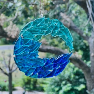 Fused Glass Seascape Suncatcher, Glass Window Decoration, Ocean Suncatcher, Ocean Wave Curl