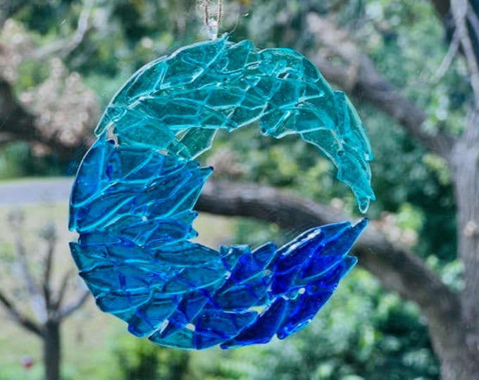 Fused Glass Seascape Suncatcher, Glass Window Decoration, Ocean Suncatcher, Ocean Wave Curl