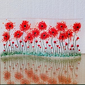 Poppy Fields Curved Fused Glass Shelf Art, Home Decor, Window Sill Art, Bringing the Outdoors In, Red Flower Glass Art