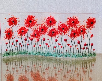 Poppy Fields Curved Fused Glass Shelf Art, Home Decor, Window Sill Art, Bringing the Outdoors In, Red Flower Glass Art