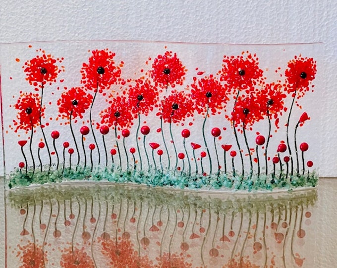 Poppy Fields Curved Fused Glass Shelf Art, Home Decor, Window Sill Art, Bringing the Outdoors In, Red Flower Glass Art