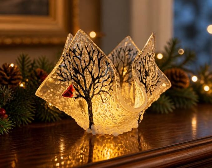 Winter Trees Tea Light Holder with Cardinal,  Fused Glass Candle Holder