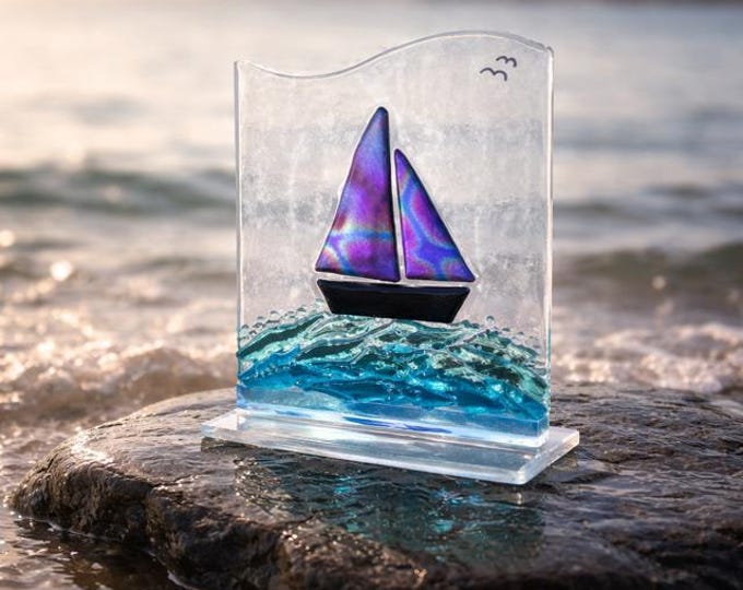 Fused Glass Sailboat on Water:  Sea Decor, Windowsill Art