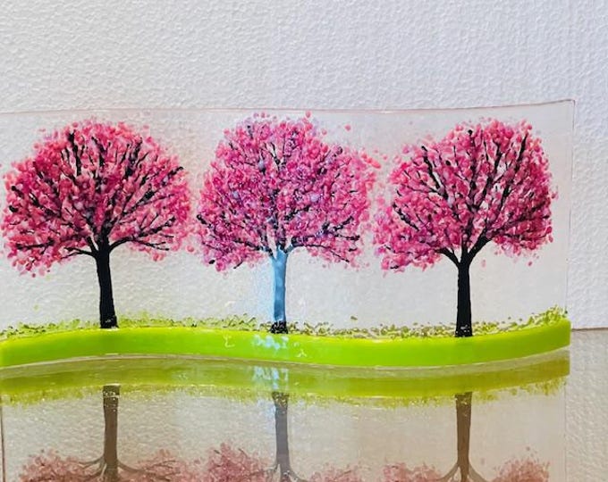 Cherry Blossoms Curved Glass  Shelf Art, Home Decor, Window Sill Art, Bringing the Outdoors In, Flower Glass Art