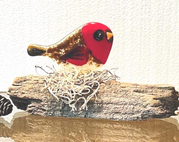 Fused Glass Robin Freestanding Art, Glass Bird on Driftwood, Shelf Art, Bird Lover