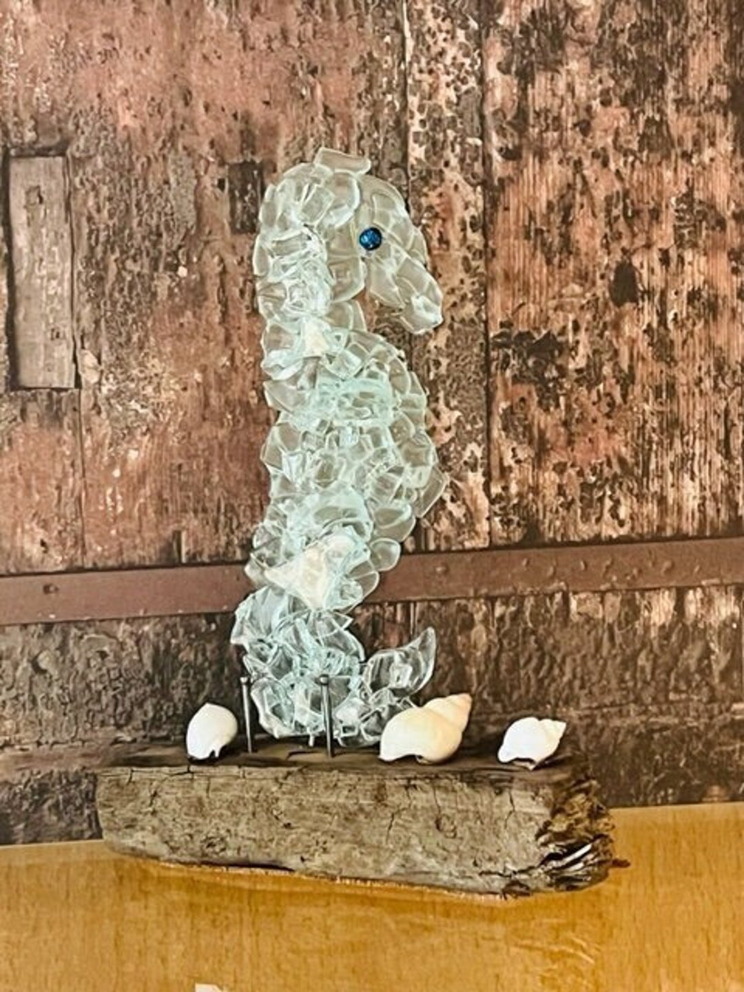 Fused Glass Seahorse Sculpture on Driftwood Base With Shell Etsy