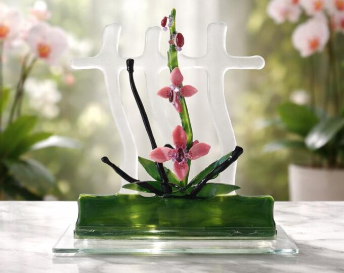 Fused Glass Orchid Sculpture on Trellis: Unique Home Decor