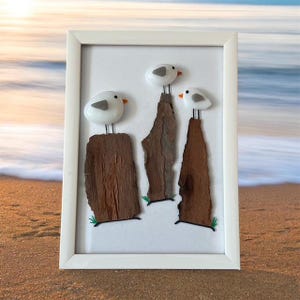 Framed Fused Glass Seagull Art, Beach Decor, Driftwood Birds