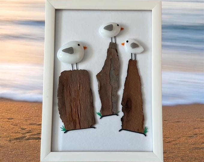 Framed Fused Glass Seagull Art, Beach Decor, Driftwood Birds