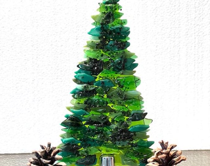 Fused Glass Freestanding Evergreen Tree, Glass Evergreen Tree, Christmas Tree, Green Glass Tree