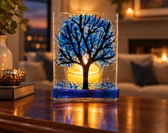 Fused Glass Blue Tree Tealight holder: Candle holder 2.5" x 3.5"