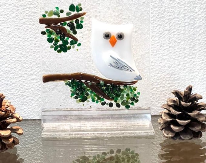 Fused Glass Snowy Owl: Bird Decor, Windowsill Art