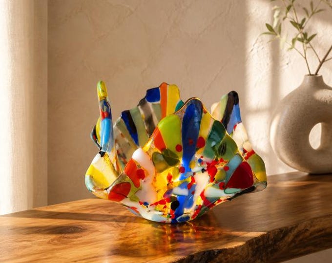 Fused Glass Kaleidoscope Candle Holder:  Colorful Votive Holder