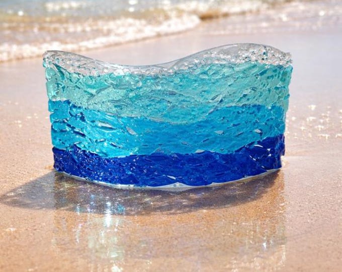 Ocean Wave Fused Glass Art: Curved Window Sill Decor