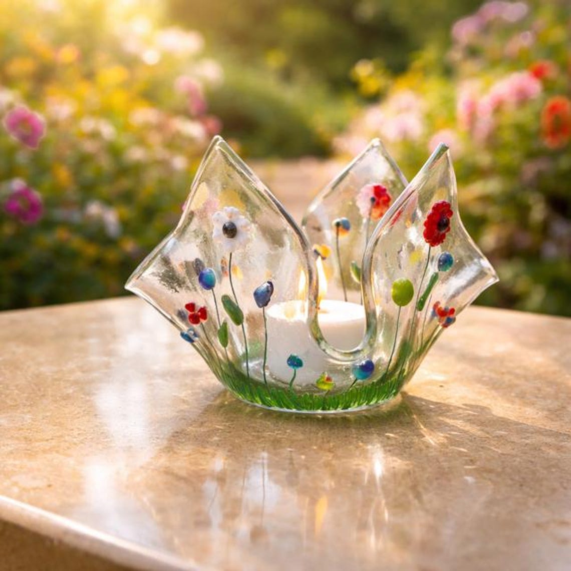 Flower Tea Light Holder, Colorful Fused Glass Candle Holder - Etsy