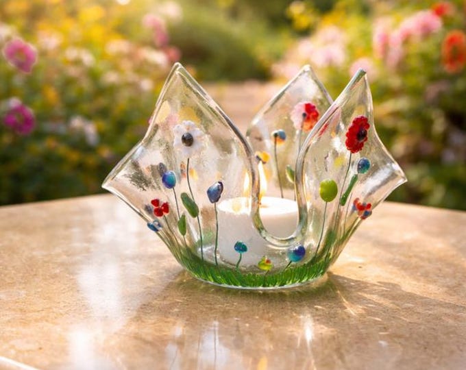 Flower Tea Light Holder, Colorful Fused Glass Candle Holder