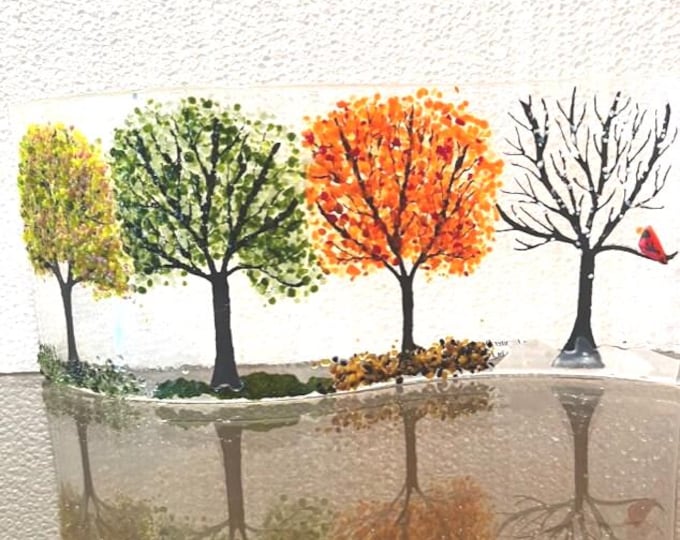 SEASONS.  Winter, Spring, Summer and Fall.  Curved Fused Glass Shelf Art, Home Decor, Window Sill Art, Bringing the Outdoors In