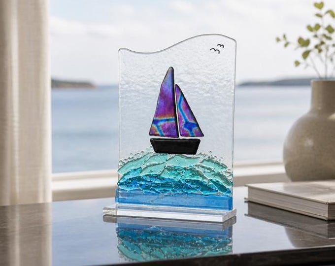 Fused Glass Sailboat on Water:  Sea Decor, Windowsill Art