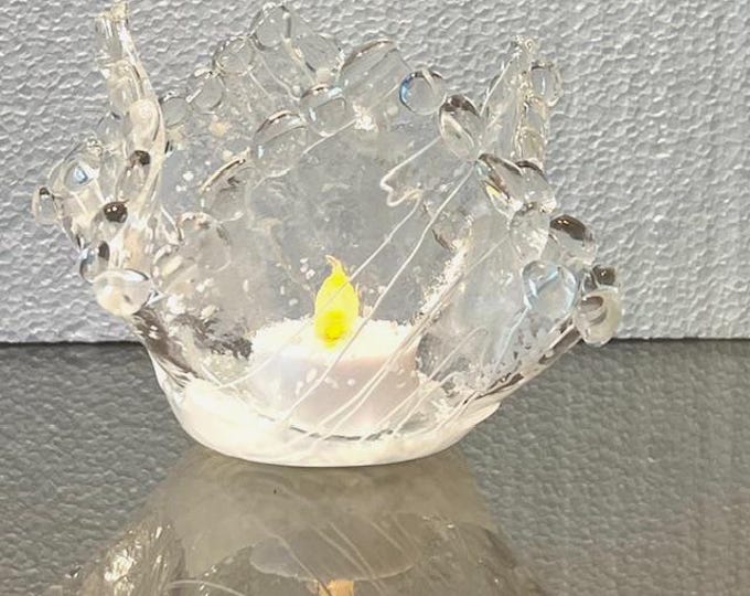 Tea Light Holder, Colorful Fused Glass Candle Holder: White and Clear