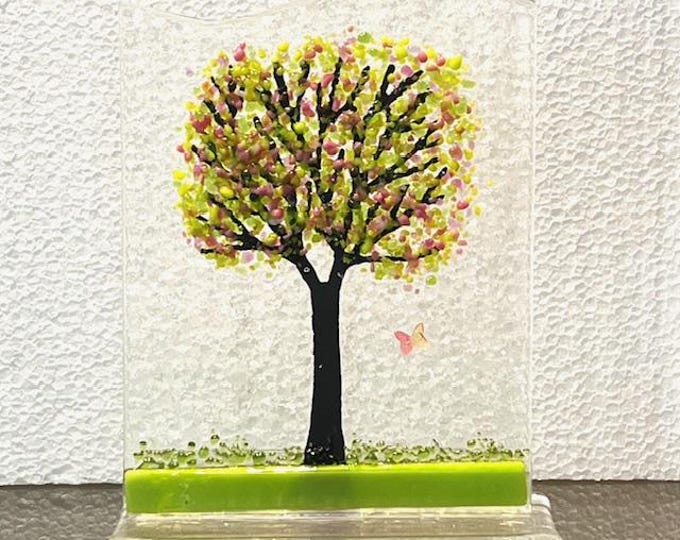 Spring Tree Fused Glass Art with Butterfly, Spring Decor, Sun Catcher Window Light Catcher, Shelf Art, Windowsill Art