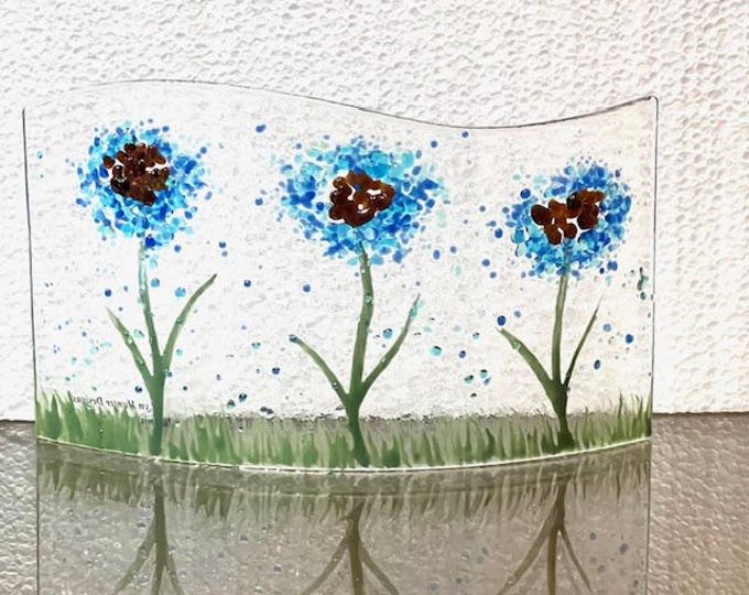 Blue Coneflower Fused Glass Art: Curved Window Sill Decor