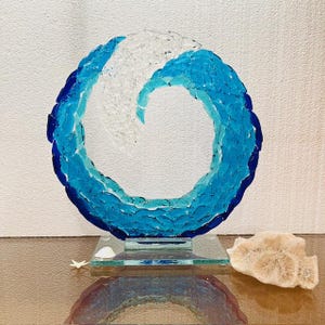 Ocean Wave Fused Glass Sculpture, Beach Decor, Sea Art, Surf Decor, Free Standing Wave Sculpture in Two Sizes, Blue Wave Shelf Art