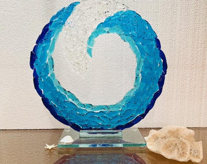 Ocean Wave Fused Glass Sculpture, Beach Decor, Sea Art, Surf Decor, Free Standing Wave Sculpture in Two Sizes, Blue Wave Shelf Art