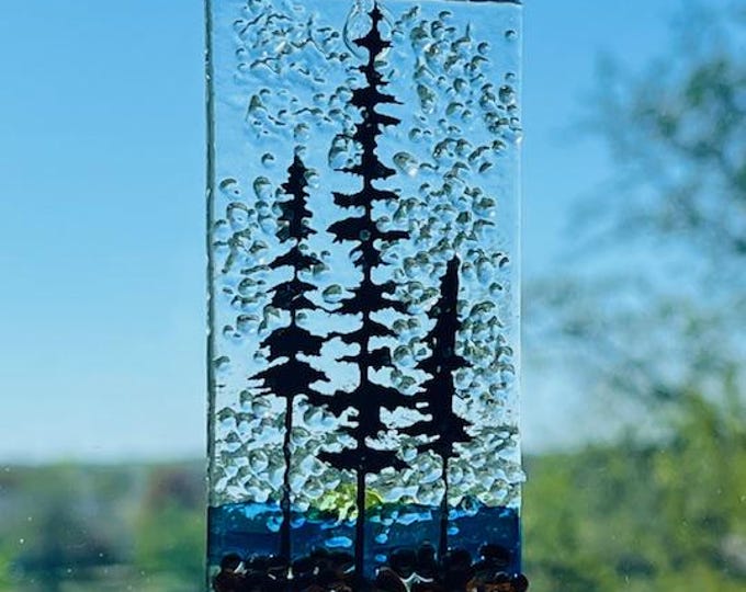 Fused Glass Sun Catcher, Evergreen Forest Sun Catcher. Bring the Outside In, Hanger Included
