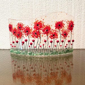 Poppy Fields Fused Glass Art: Curved Window Sill Decor