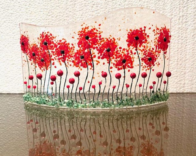 Poppy Fields Curved Fused Glass Window Sill Art, Curved Flower Art, Poppies Glass Curve, Bringing the Outdoors In