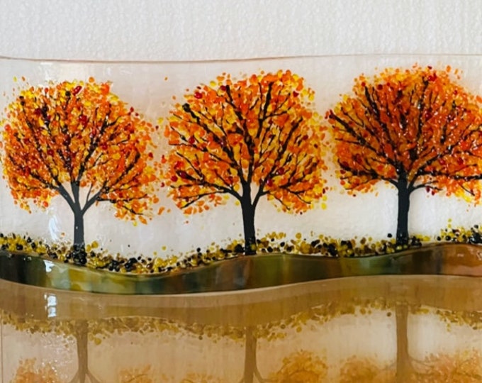 Autumn Trees Curved Glass  Shelf Art, Home Decor, Window Sill Art, Bringing the Outdoors In, Tree Glass Art